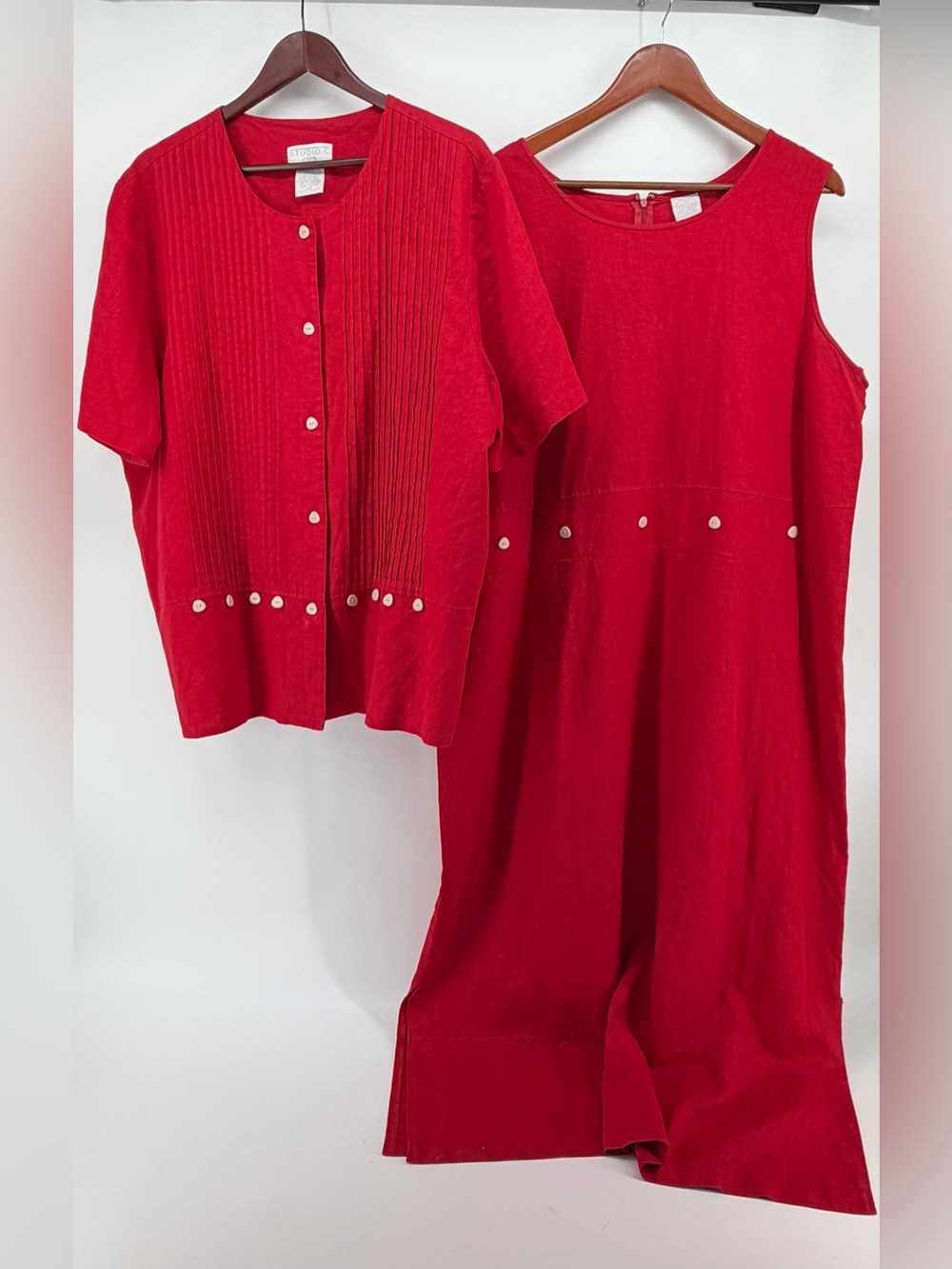 Vintage Studio C 22W 3X Plus 2pc Linen Blend Maxi Dress Blouse Set Red Pleated